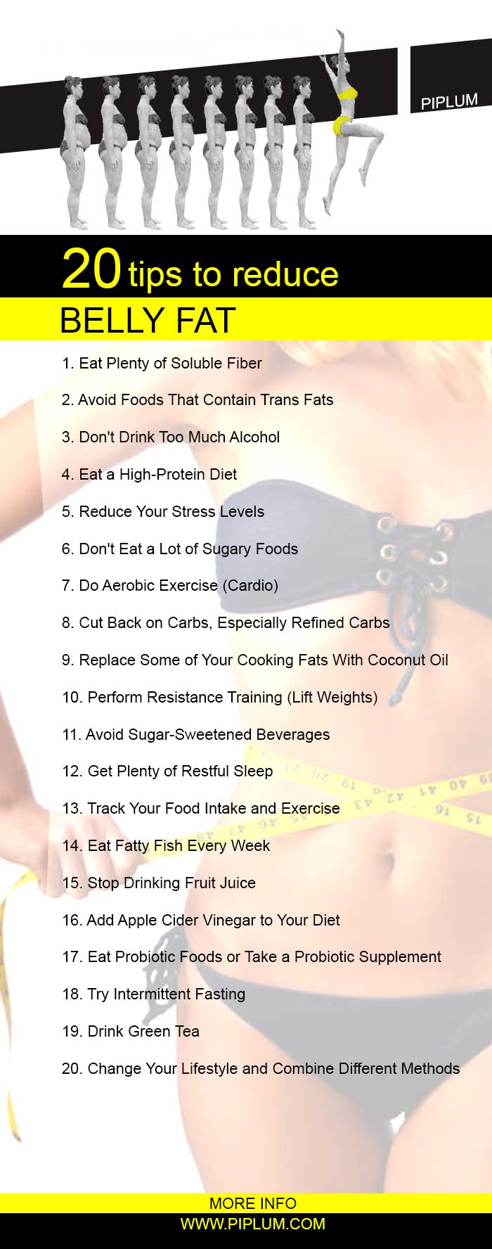 20 Tips How To Reduce Belly Fat. List. 